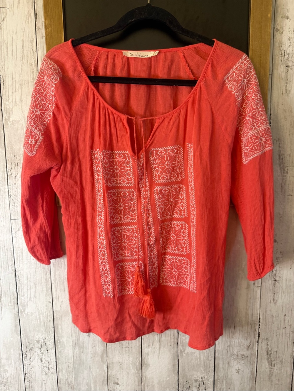 Solitaire Peasant Boho Shirt Tunic Blouse Coral White Embroidered Women’s Sz M